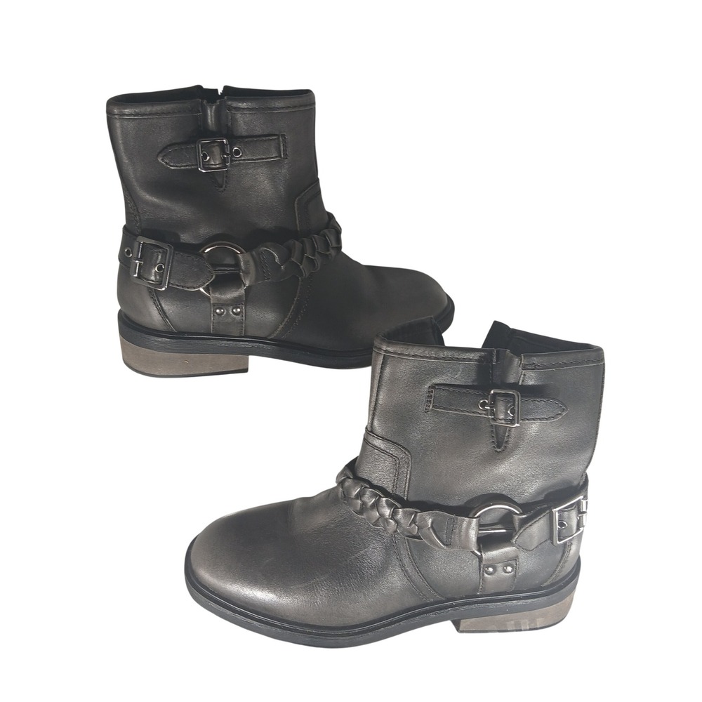 Crown Vintage Willa Metallic Grey Leather Moto Ankle Boots Braided Harness 8M